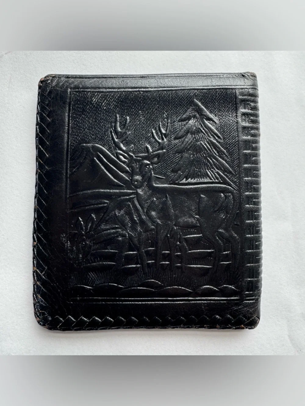 Black Genuine Leather Tooled Wallet Horses Deer Animals Western Made in Mexico